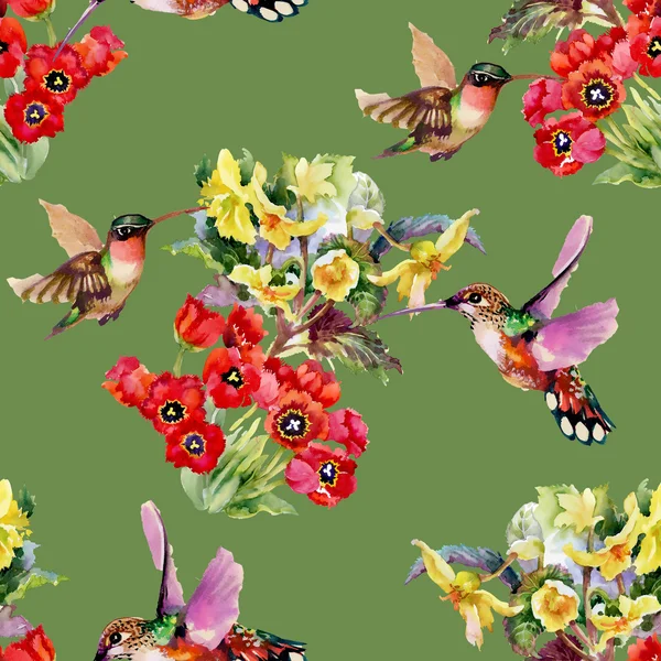 Birds with garden flowers — Stock Photo, Image