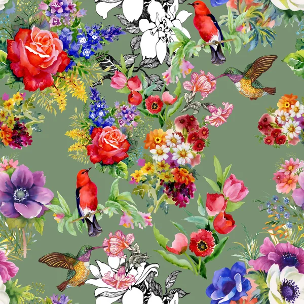 Birds with garden flowers