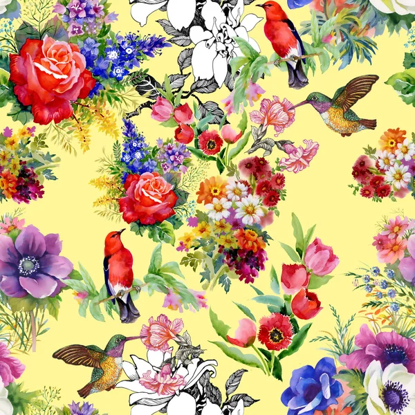 Birds with garden flowers — Stock Photo, Image