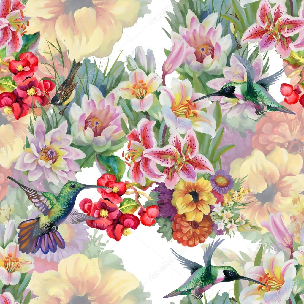 Birds with garden flowers