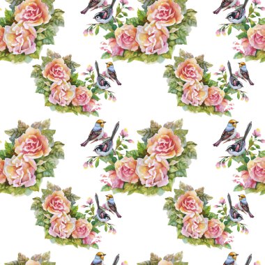 Kuşlar ile pembe Gül çiçek