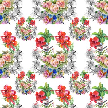 Kuşlar ile pembe Gül çiçek