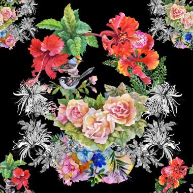 Kuşlar ile pembe Gül çiçek