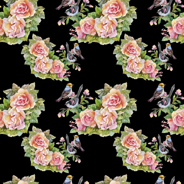 粉色的玫瑰花朵与鸟 — 图库照片