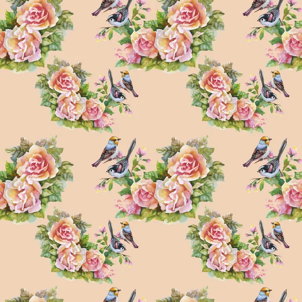 Pink Rose flowers with birds — Stock Photo, Image