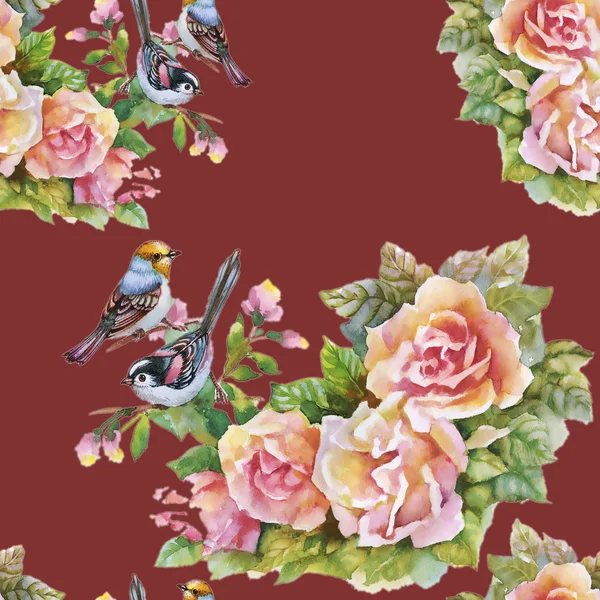 Rózsaszín rózsa virágok, madarak — Stock Fotó