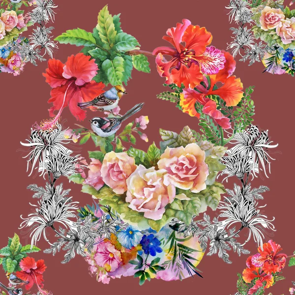 Rosa Ros blommor med fåglar — Stockfoto