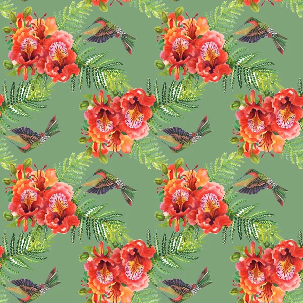 Flowers and humming-birds pattern — Stock Photo, Image
