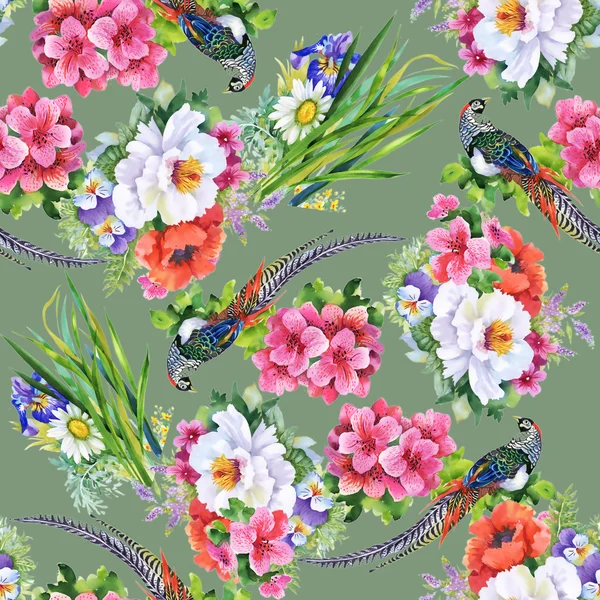 Zahradní květiny a ptáci Bažant — Stock fotografie