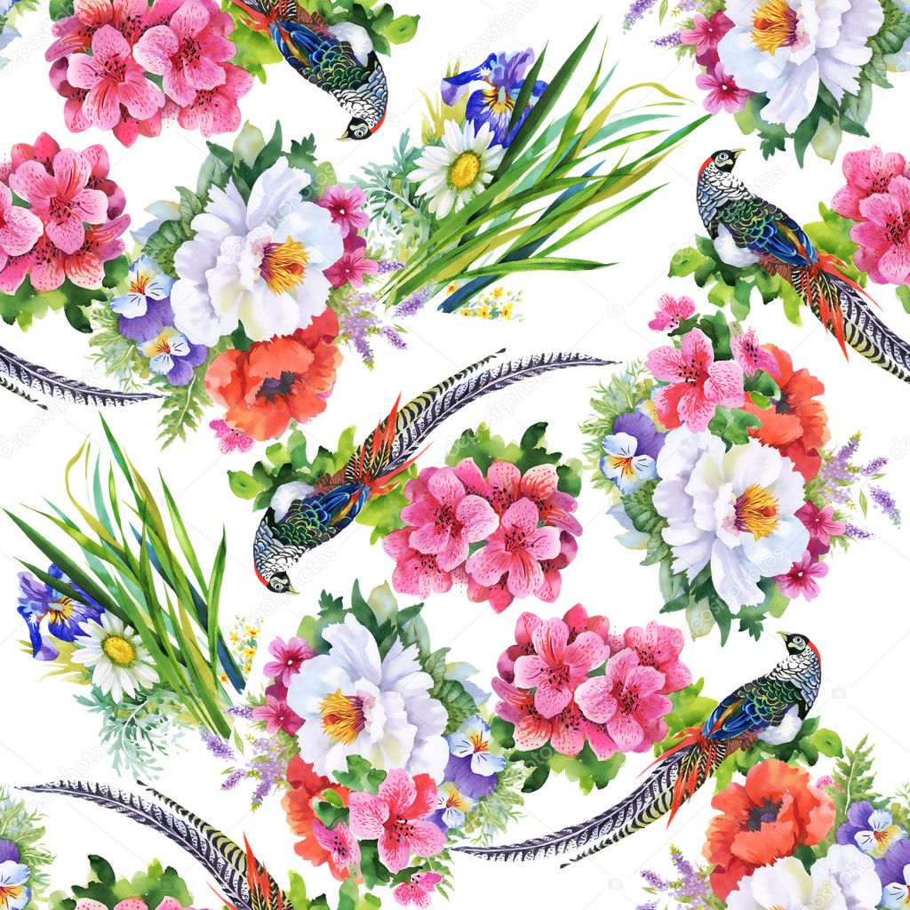 garden flowers and pheasant birds