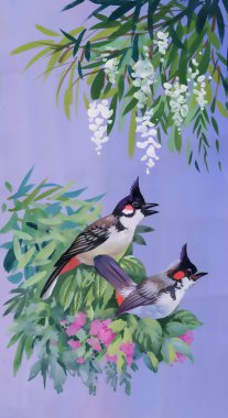 tropikal kuşlar ve çiçekler