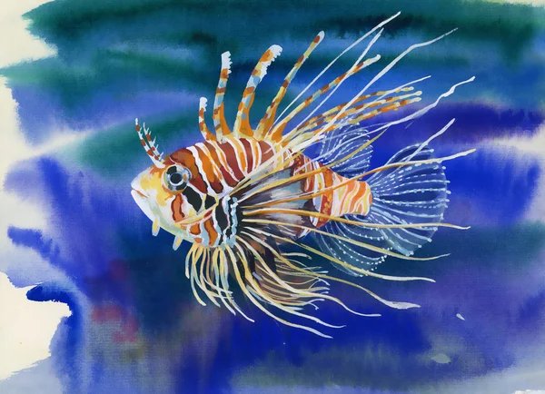 Akvarell färgglada lejon fisk — Stockfoto