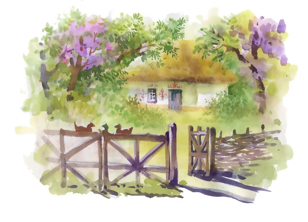 Aquarelle peinture de maison dans les bois — Photo