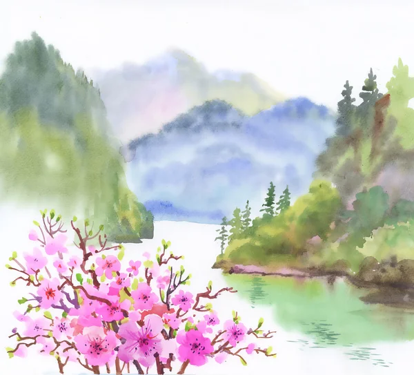 Пейзаж реки с цветами — стоковое фото
