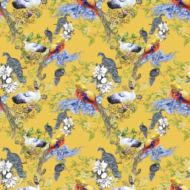 Kuşlarla desenli çiçek deseni