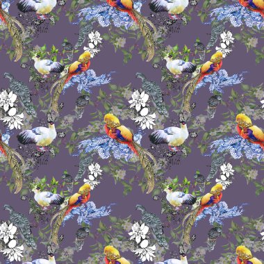 Kuşlarla desenli çiçek deseni