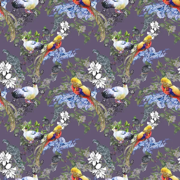 鳥と花のシームレスなパターン — ストック写真