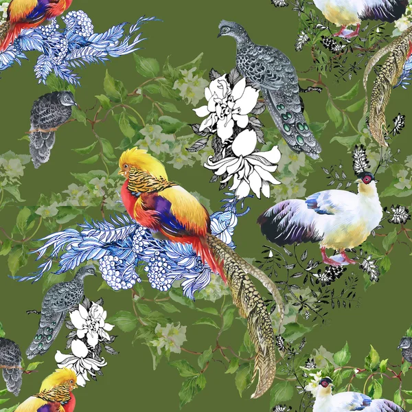 Motif floral sans couture avec des oiseaux — Photo