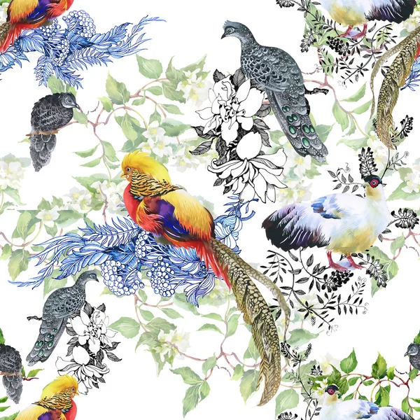 Patrón sin costura floral con pájaros —  Fotos de Stock