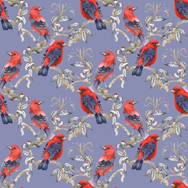 Mavi dal üzerinde yabani egzotik kuşlar