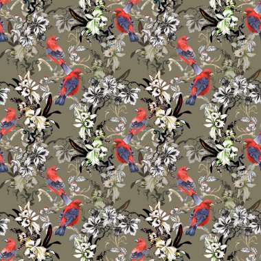 Vahşi egzotik kırmızı kuş yeşil