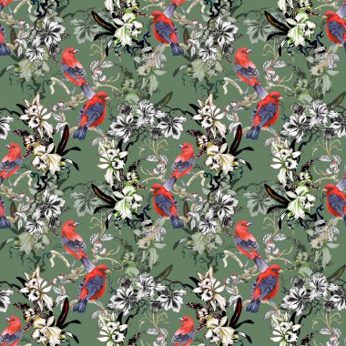 Vahşi egzotik kırmızı kuş yeşil