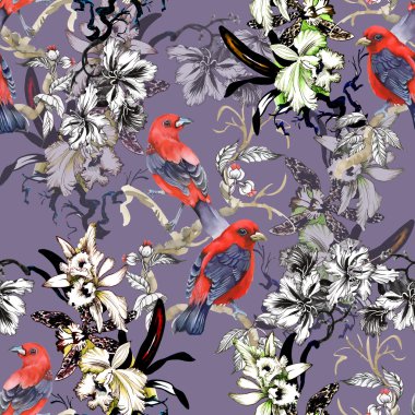 Mor vahşi egzotik kırmızı kuş