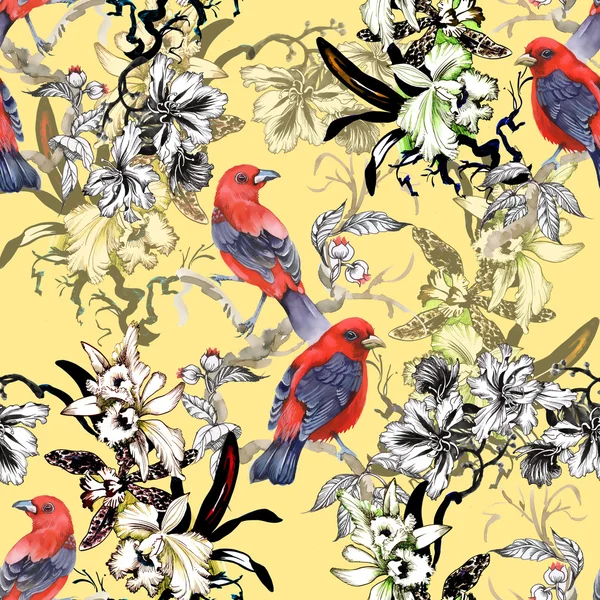 Wild exotic red birds on yellow — Stock Photo, Image