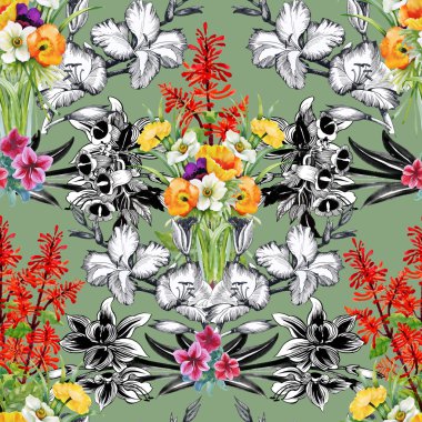 yeşil üzerinde sorunsuz çiçek desenli