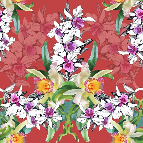 Seamless floral pattern on  red — Stock Photo, Image