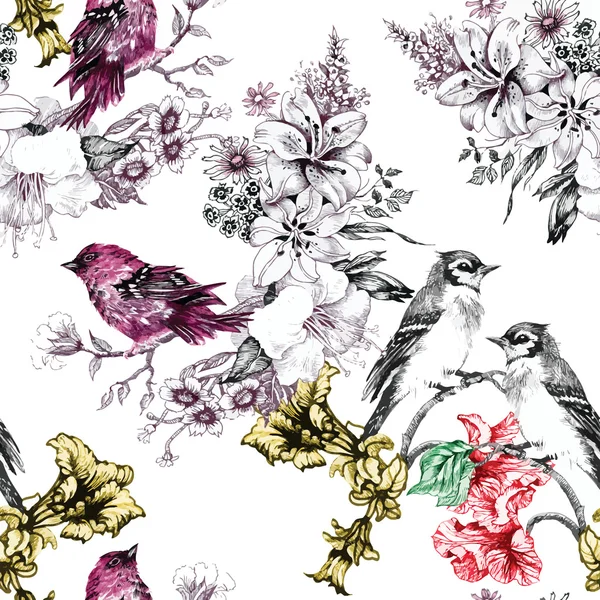 Ptáci v rozkvetlé zahradě — Stockový vektor