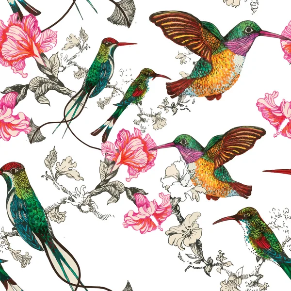 Птахи в квітучому саду — стоковий вектор