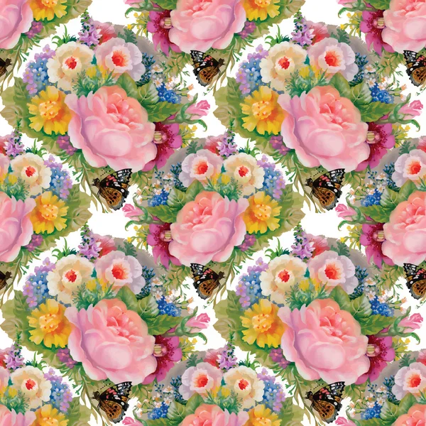 Летний сад цветет цветами и бабочками — стоковый вектор
