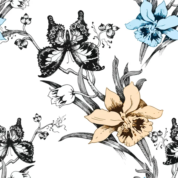 Квітучі квіти і метелик — стоковий вектор