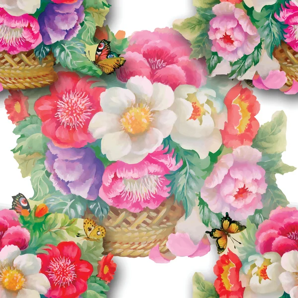 蝶と花のシームレスなパターン — ストックベクタ