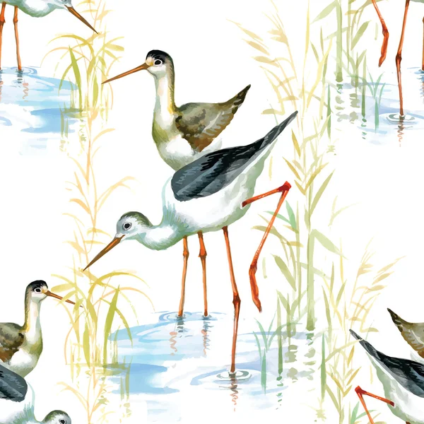 Aquarel Storks op vijver patroon — Stockvector