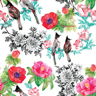 Çiçek bahçesinde kuşlar