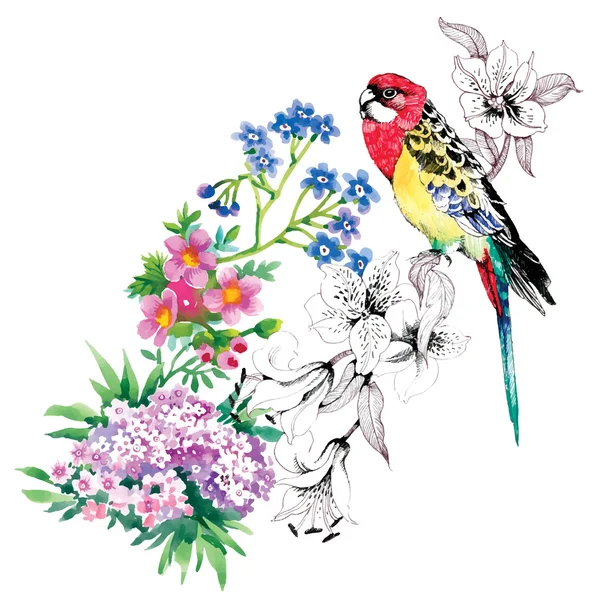 Aves en el jardín floreciente — Vector de stock