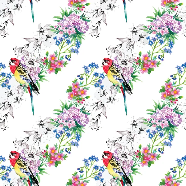 Fåglar i blommande trädgård — Stock vektor