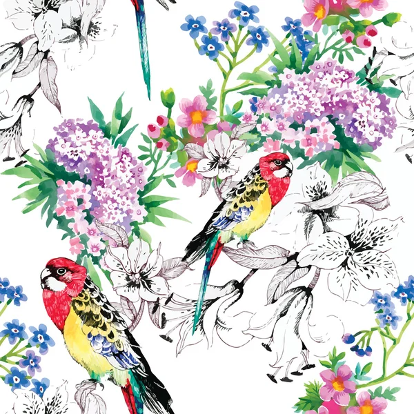 Птицы в цветущем саду — стоковый вектор