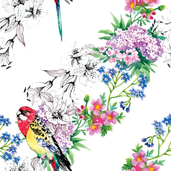 Birds in blooming garden — Stock Vector