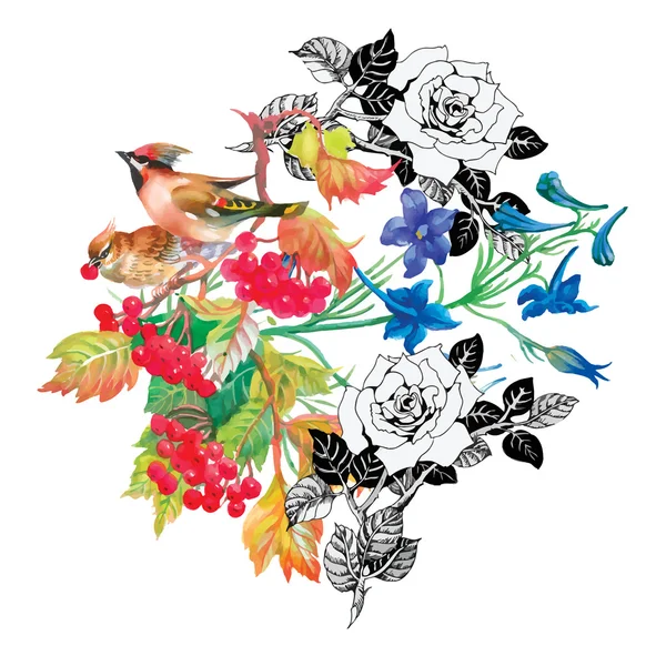 Птицы в цветущем саду — стоковый вектор