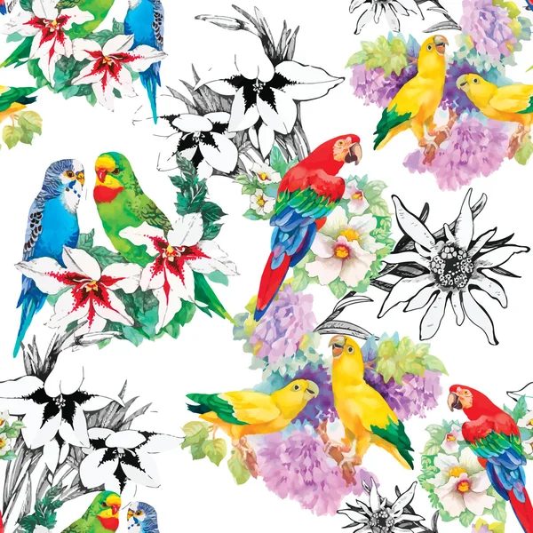 Birds in blooming garden — Stock Vector