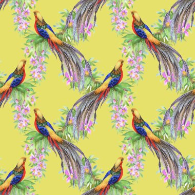 Çiçek bahçesinde egzotik kuşlar