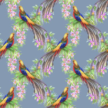 Çiçek bahçesinde egzotik kuşlar