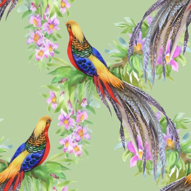 Çiçek bahçesinde egzotik kuşlar