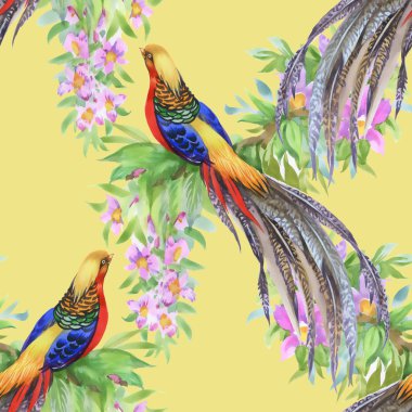 Çiçek bahçesinde egzotik kuşlar