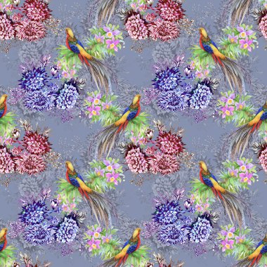 Çiçek bahçesinde egzotik kuşlar