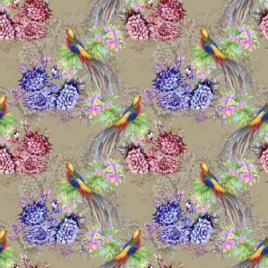 Çiçek bahçesinde egzotik kuşlar