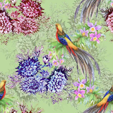 Çiçek bahçesinde egzotik kuşlar